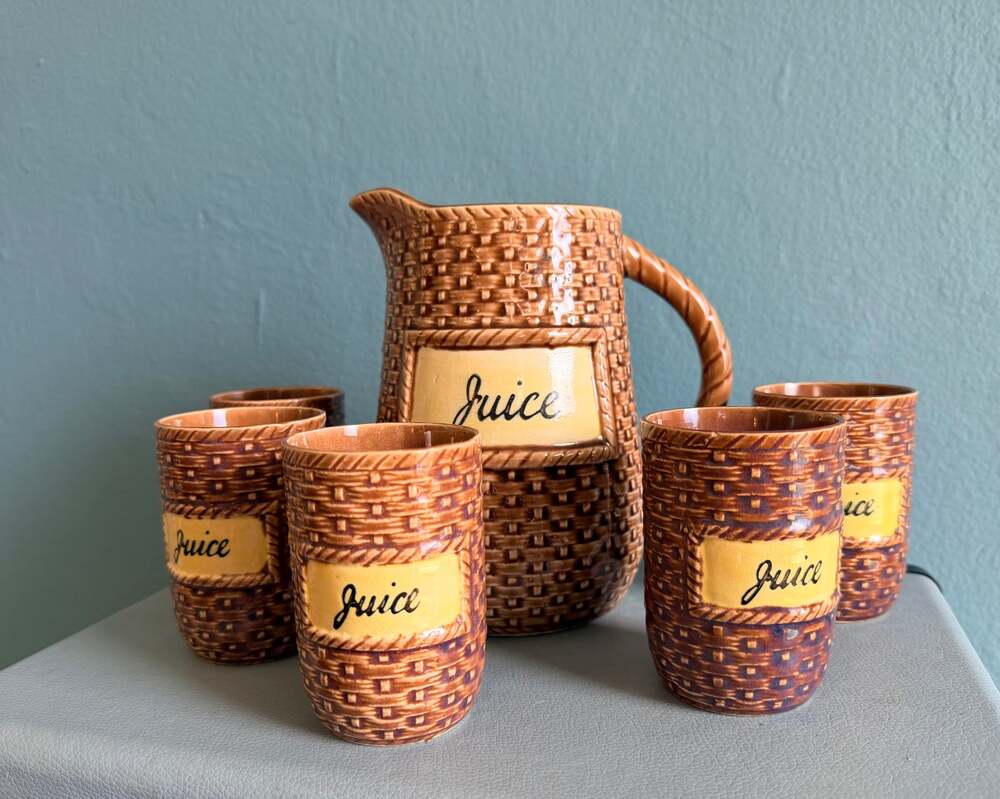 Vintage 1950s Basketweave Juice Pitcher 6 Piece Ceramic Wicker Carafe & 5 Cups